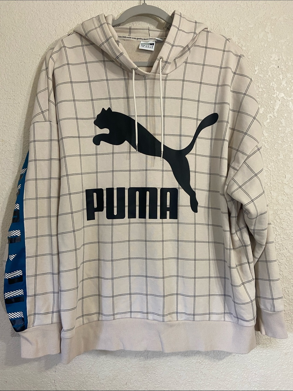 Puma Cream Grid Hoodie with Black Logo and Blue Sleeve Accent